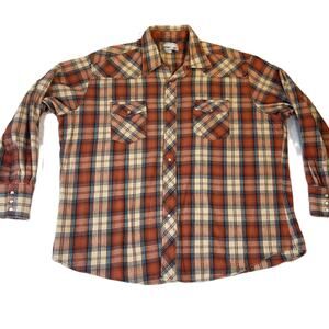 Wrangler Wrancher Flannel Shirt Men's XXL Pearl Snap Button Brick-Red Plaid West